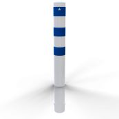 Impact protection bollards | as e-charging post protection |  152 mm | hot-dip galvanized and white powder-coated with 3 blue reflective strips foil type RA1/A | for casting in concrete